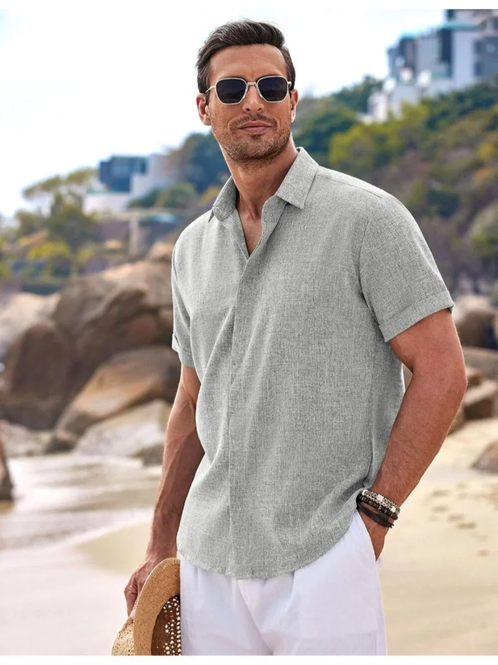 Men's Light Grey Beach Linen Short Sleeve Casual Shirts Button Down
